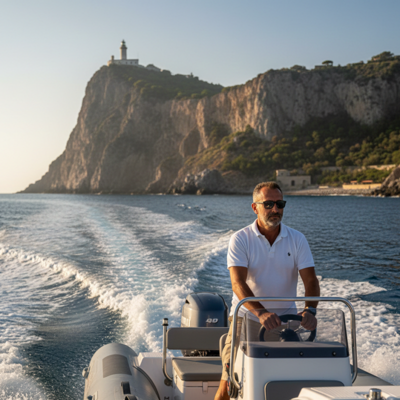 Escursione in gommone con skipper a Bacoli con vista sul faro di miseno